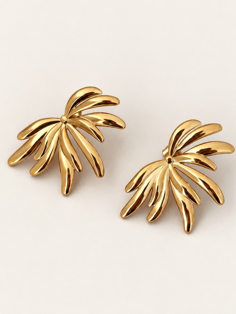 Anthropologie Style 18K Gold Plated Fan Leaf Earrings Sculptural Statement